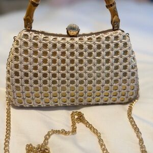 Elegant Cream Woven Handbag with Bamboo Handles